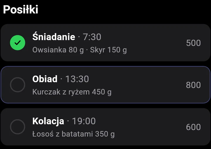 Posiłki: śniadanie odhaczone, obiad 13:30, kolacja 19:00