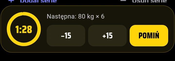 Przerwa 1:28, następna 80 kg × 6, przyciski −15, +15, Pomiń